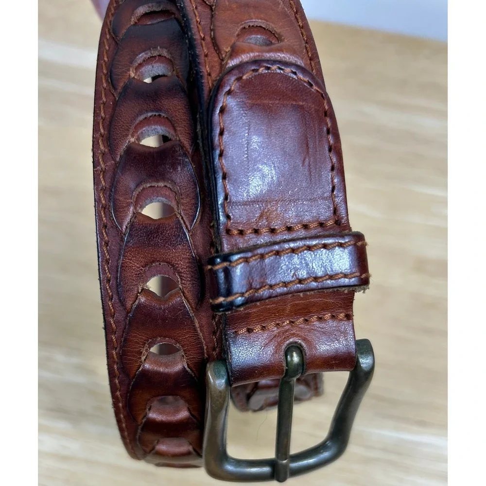 Dockers Braided Loop Belt Mens 38 Brown Leather Woven Casual Rustic Burnished